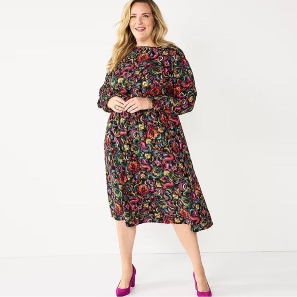 Croft &‎ Barrow Paisley Floral Smocked Waist Midi Dress 3X Multicolor Boho Flowy